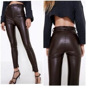 67. ZARA NWT size M Chocolate Brown High Waist Faux Leather
Pants Zipper hem